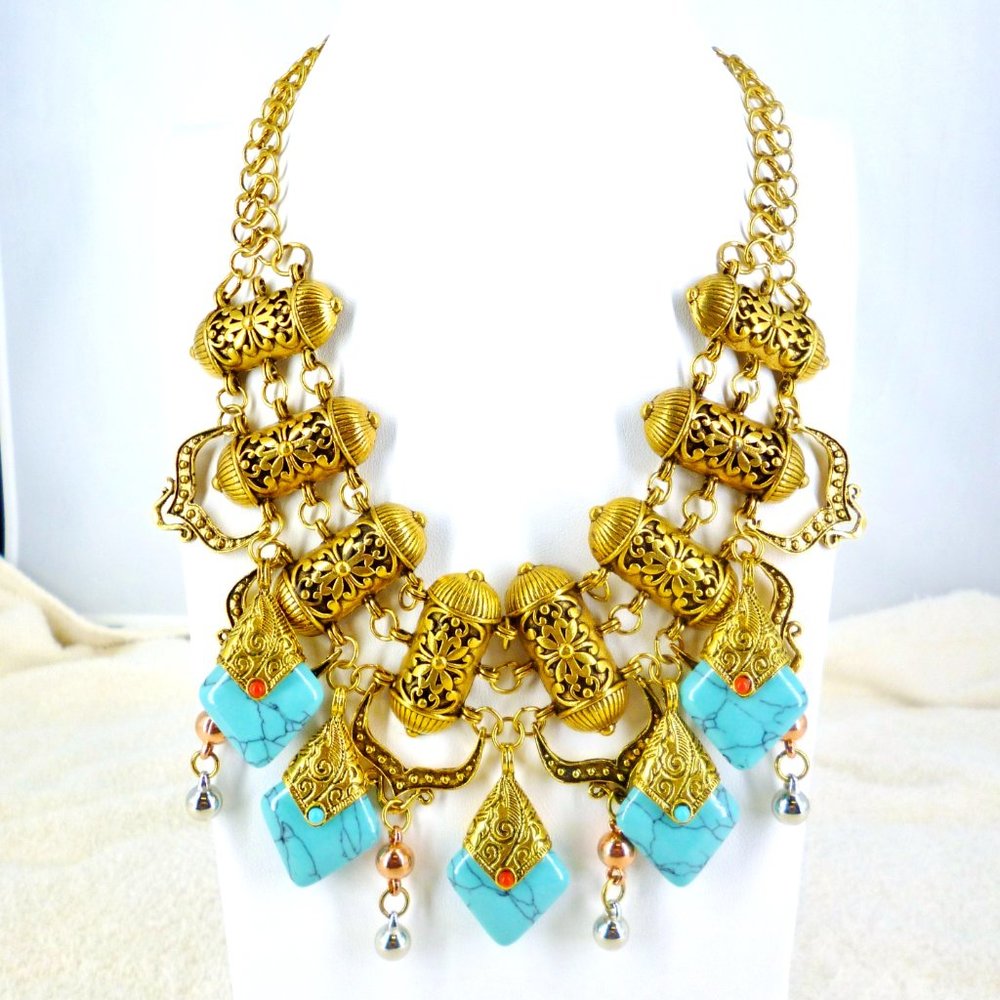 Necklace Amazing Exotic Gold Tone Filigree Faux Turquoise & Coral Perfect Cond - Picture 5 of 5